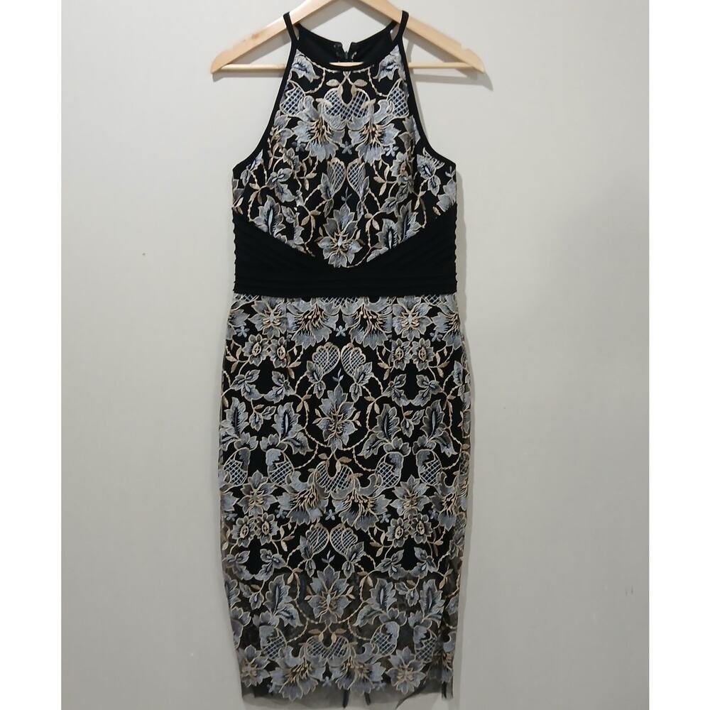 Xscape Dress Womens Medium Floral Embroidered Mesh Overlay Cocktail Party Formal - Picture 2 of 12
